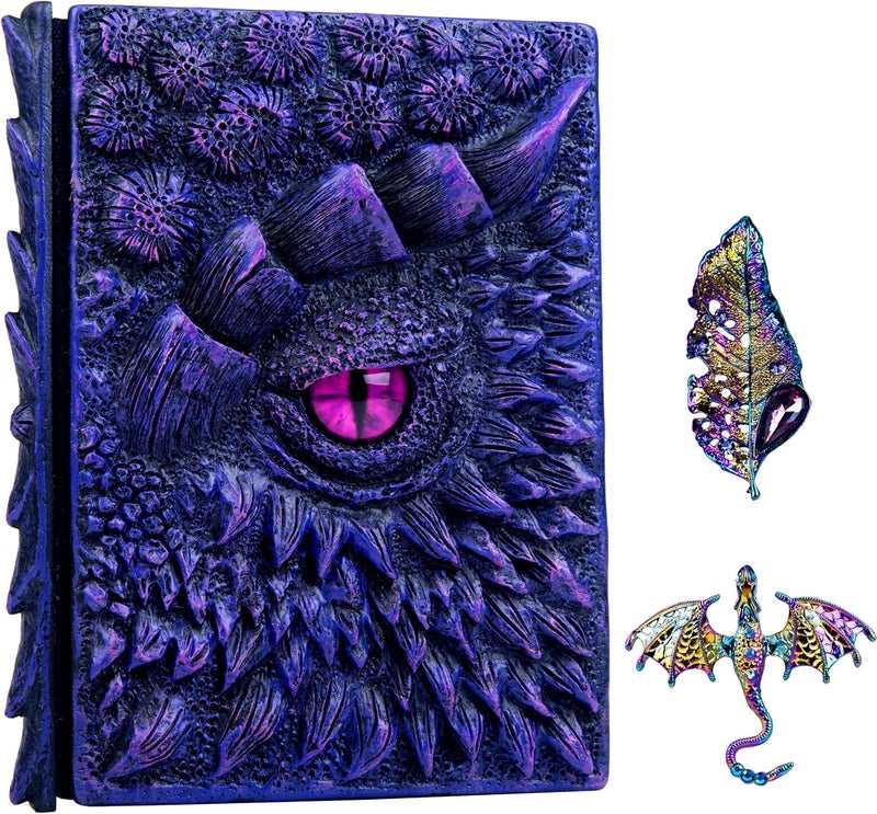 LZlightactor 3D Dragon Eye Embossed Journal,Resin Engraving Notebook,Dnd notebook for Dragon Lovers ，Blank Paper,Hardcover Travel Notepad for Writing,Sketchbook,Collection,Gift,Decoration A4 and A5 Size (A5-Dark Purple-two brooches) - Image 1